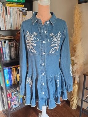 NWT LORAGAL Embroidered Denim Mini Dress Western Boho Ruffle Hem Size XL